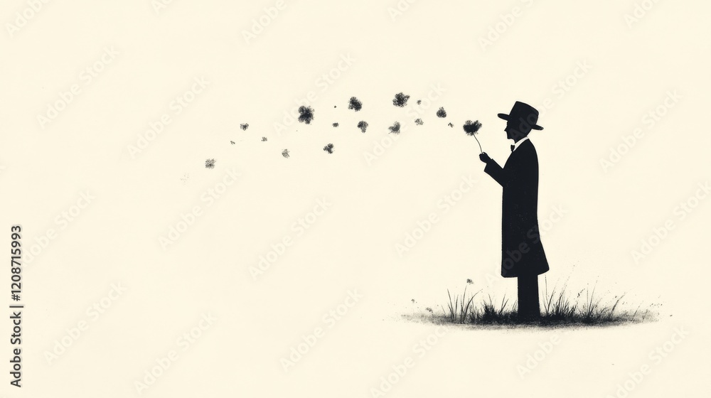Silhouette of man blowing dandelion seeds. Silhouette of man blowing dandelion seeds.