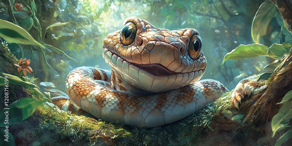 Cute snake in rainforest, sunlight dappled leaves. Jungle background, nature illustration