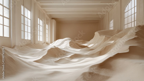 Deserted room filled with golden sand, light streaming through an open door. photo