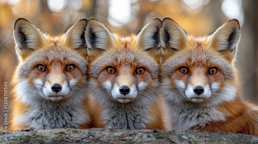 Fototapeta premium Three red foxes forest autumn portrait wildlife