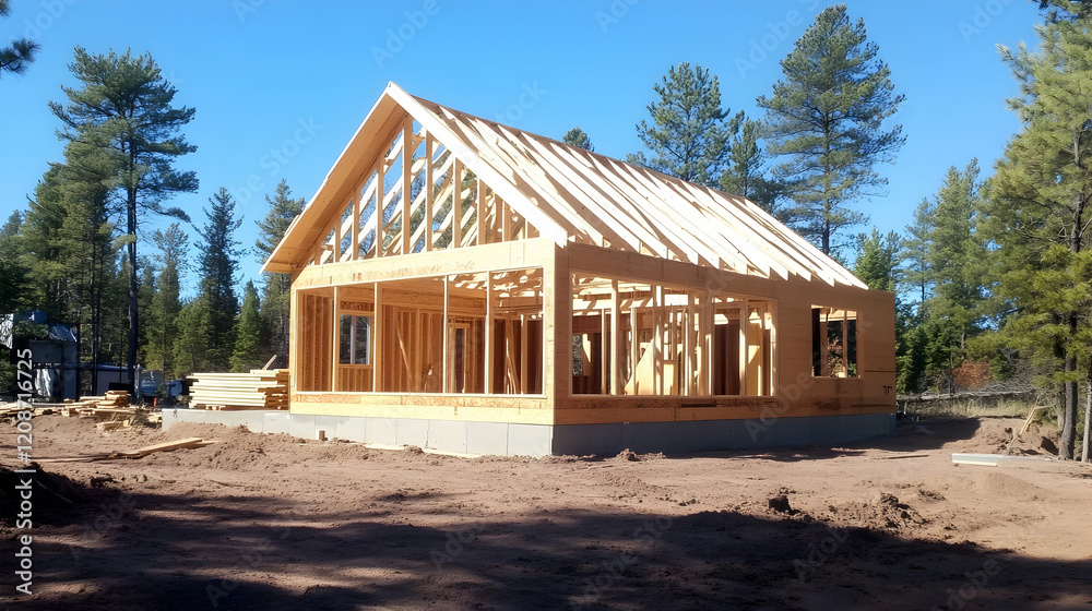 New home construction framing, rural mountain setting, sunny day New home construction framing, rural mountain setting, sunny day