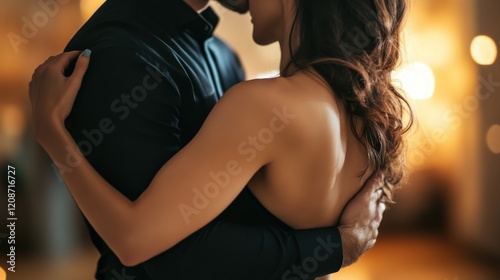 Couple embracing in a warm, intimate moment with soft lighting. photo