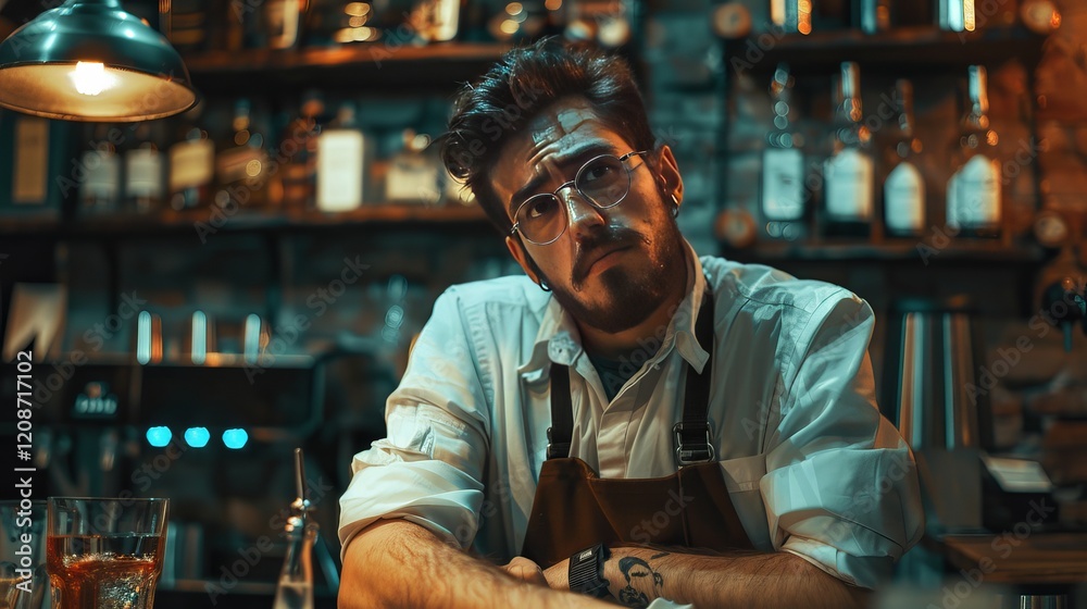 A thoughtful male bartender with glasses and an apron, surrounded by a cozy bar atmosphere filled with bottles.