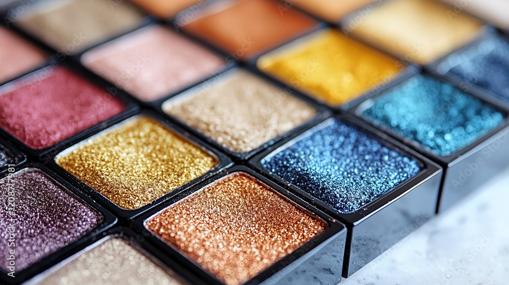 Close-up view of a vibrant makeup palette with various shimmery colors arranged neatly Close-up view of a vibrant makeup palette with various shimmery colors arranged neatly