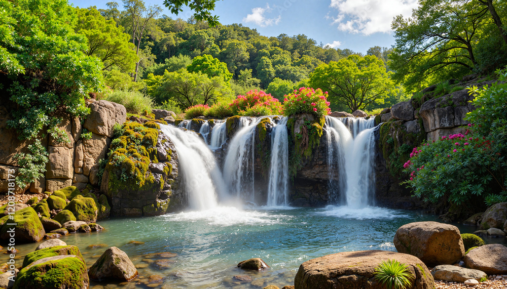 Fototapeta premium Waterfall surrounded by lush green forest in daylight