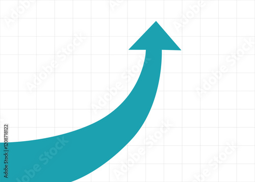 Big blue curved arrow pointing up and rising up with grid background represents business growth and trading profits
