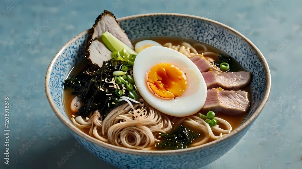 a bowl of steaming ramen with thick soup, topped with sliced chashu pork, boiled egg, scallions, sesame seeds, nori seaweed, and ramen noodles, all placed on a light blue bowl a bowl of steaming ramen with thick soup, topped with sliced chashu pork, boiled egg, scallions, sesame seeds, nori seaweed, and ramen noodles, all placed on a light blue bowl