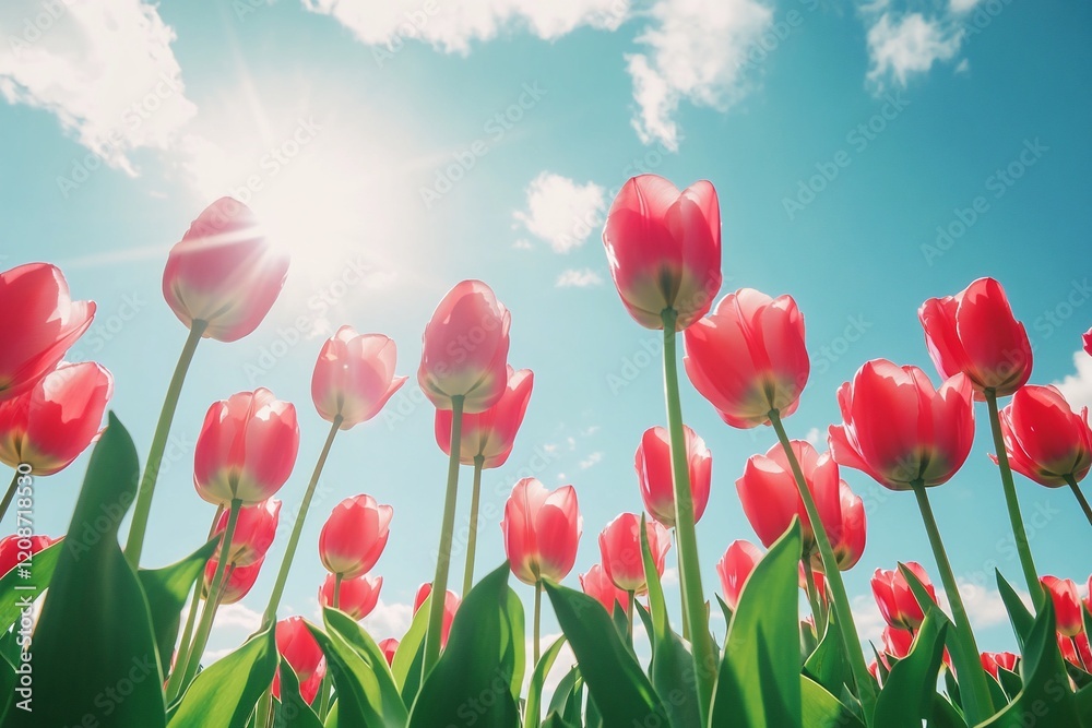 Low-angle view of red tulips against a sunny blue sky.