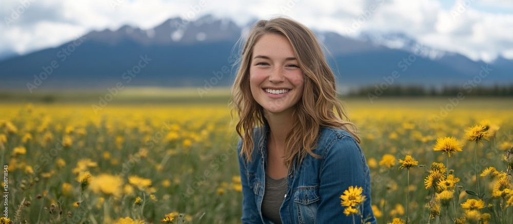 Happy woman in a yellow flower field with mountains in the background. Happy woman in a yellow flower field with mountains in the background.