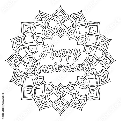 A line art mandala happy anniversary design illustration of a coloring page 