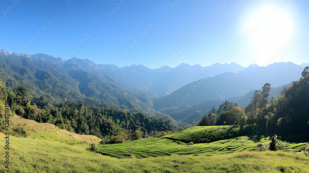 Fototapeta premium Panoramic view of sunlit mountain valley, terraced fields, and distant peaks; ideal for travel brochures