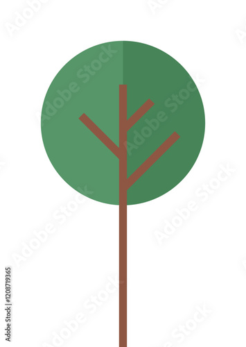 Single tree with a circle-shaped green canopy and straight brown trunk in a modern minimalist style. Ideal for nature, environment, education, landscaping, and minimalism themes. Simple geometric photo