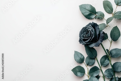 Dark rose with lush green leaves on white. Perfect for elegant designs, invitations, or moody aesthetics. photo