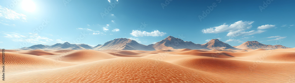 Fototapeta premium A desert with curving dunes captured with a fish-eye effect. A vast landscape of golden sand and blue sky creates a sense of infinity