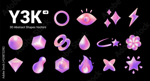 Y3K Abstract 3D Shapes Sticker Collection, Futuristic holographic gradient geometric object, fire, electric, sparkles, star, etc.
