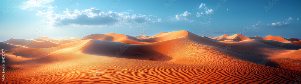 Naklejka premium A desert with curving dunes captured with a fish-eye effect. A vast landscape of golden sand and blue sky creates a sense of infinity