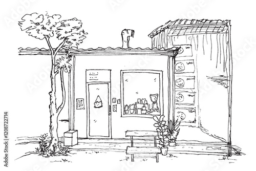 Small Shop with Tree and Bench, Minimalist Line Art Simple Vector Sketch Illustration