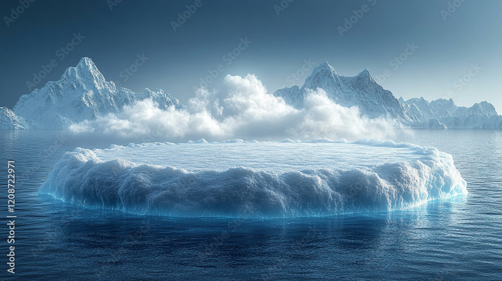 Fototapeta premium Cool ice show podium stage with a 3D winter iceberg background, empty presentation scene, cold advertising platform stand, minimalistic bright tone, blurred frozen backdrop, and blank caption space