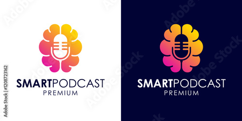 Smart podcast logo icon design template. Brain and microphone icon symbol vector illustration for education. Think podcast logo. Broadcast entertainment business logo template vector illustration.