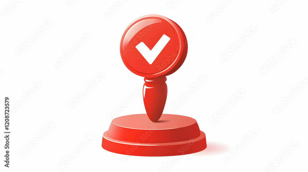 Red checkmark pin on white background; success, approval, location Red checkmark pin on white background; success, approval, location