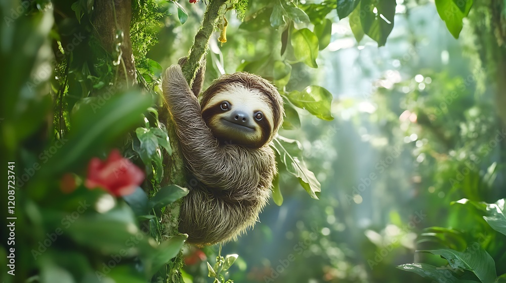 Charming Sloth Relaxing in Lush Green Jungle Surrounded by Vibrant Flora and Gentle Sunlight Charming Sloth Relaxing in Lush Green Jungle Surrounded by Vibrant Flora and Gentle Sunlight