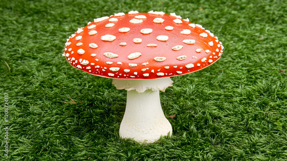 Red mushroom in green moss, forest floor, nature, ecological background, ideal for nature publications