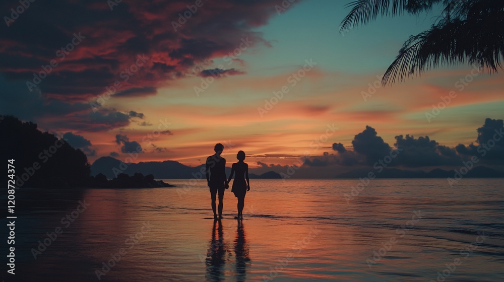 Fototapeta premium Couple silhouetted at sunset on tranquil beach.