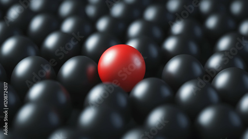 Red sphere among black spheres, individuality concept, studio shot, abstract background, business illustration