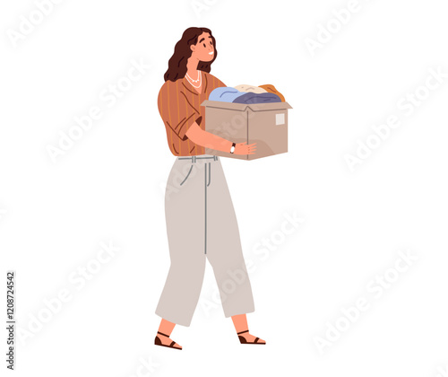 Woman carries laundry to wash, person holds box with garment. Relocation, move to new house. Young female character moving into new family home, Girl unpacking or packing cardboard boxes with clothes