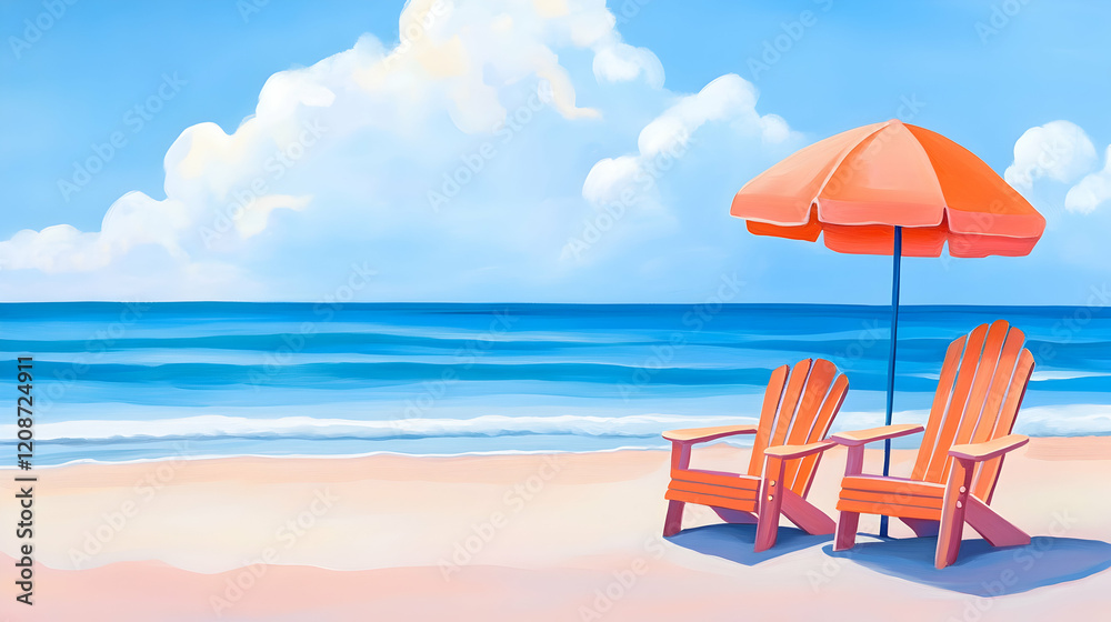Relaxing beach chairs under umbrella, sunny ocean view, perfect summer vacation scene Relaxing beach chairs under umbrella, sunny ocean view, perfect summer vacation scene