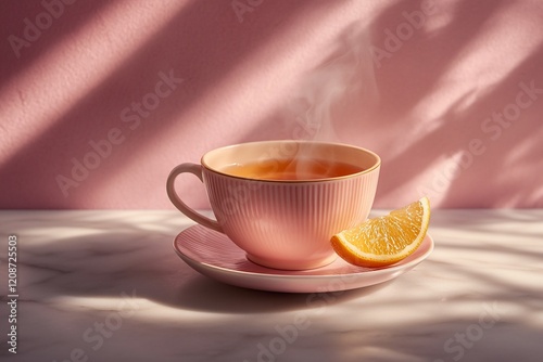Steaming cup of tea with lemon slice on marble surface, bathed in sunlight.