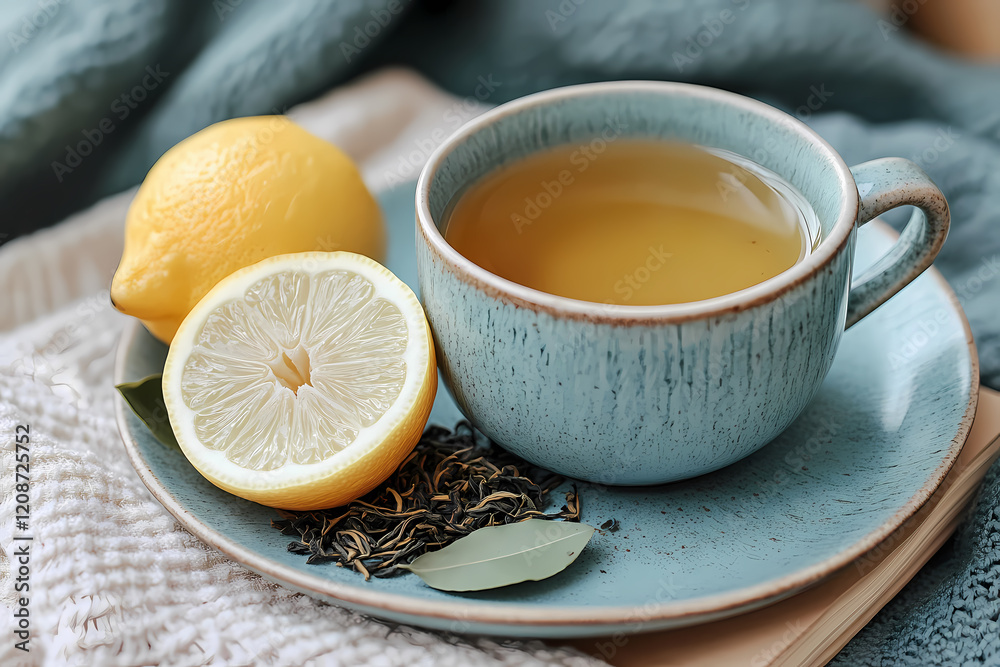 A freshly brewed pot of tea with loose tea leaves and a lemon slice, symbolizing warmth and simplicity A freshly brewed pot of tea with loose tea leaves and a lemon slice, symbolizing warmth and simplicity