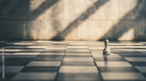 Lone chess pawn on a checkered floor in sunlight.