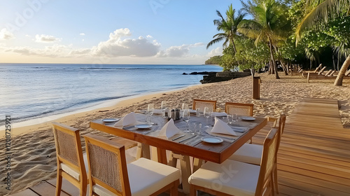 Romantic beach dinner sunset tropical paradise; luxurious dining experience
