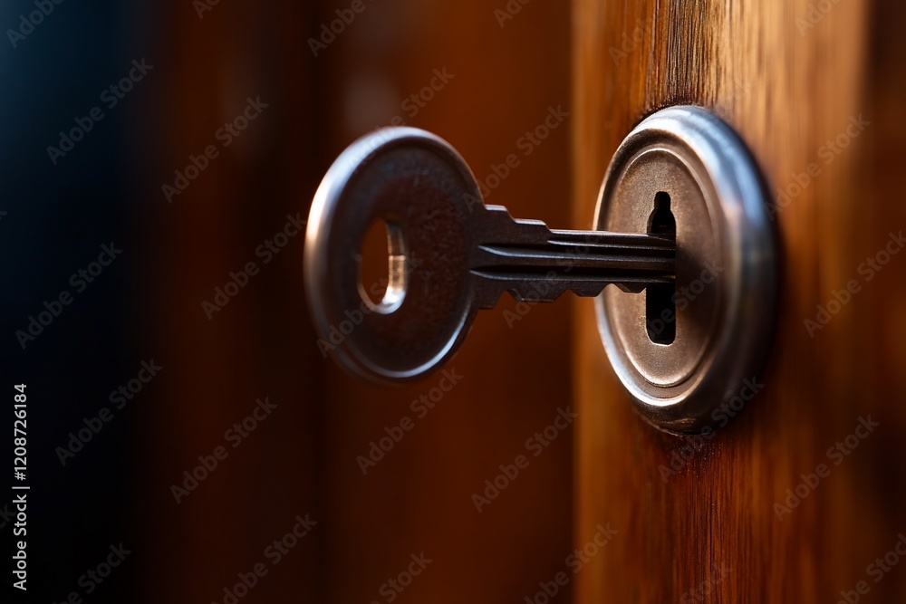 Key in wooden door lock, close-up. Security, access, home Key in wooden door lock, close-up. Security, access, home