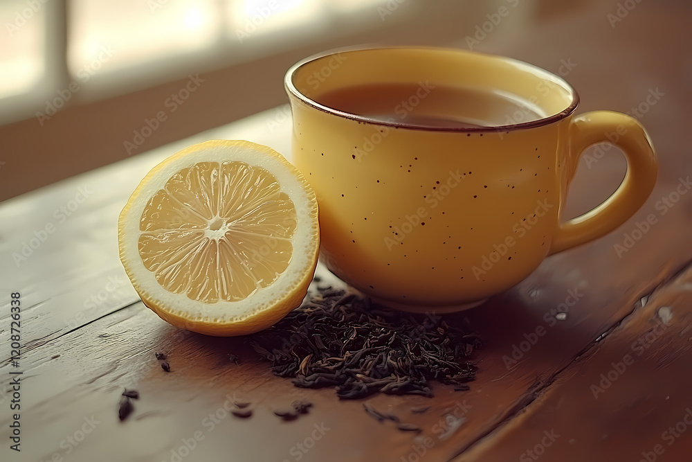 A freshly brewed pot of tea with loose tea leaves and a lemon slice, symbolizing warmth and simplicity A freshly brewed pot of tea with loose tea leaves and a lemon slice, symbolizing warmth and simplicity
