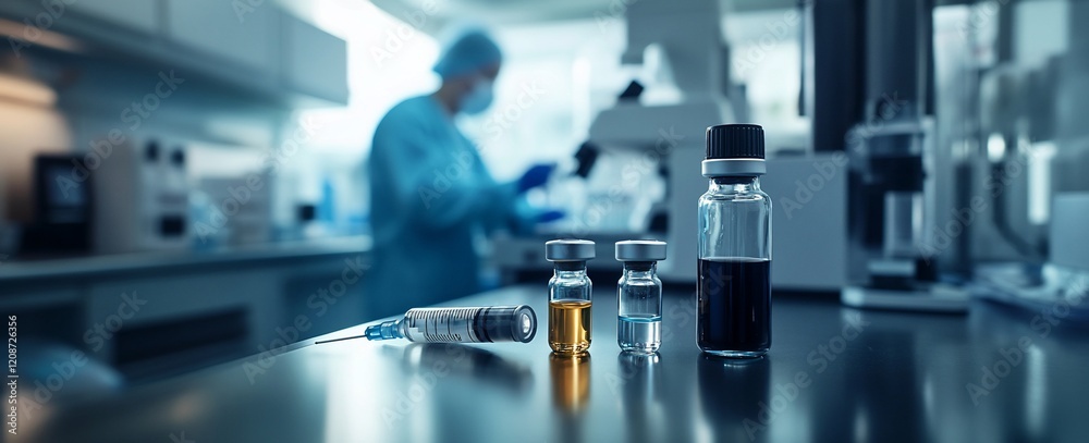 Lab vials, syringe, scientist. Lab vials, syringe, scientist.