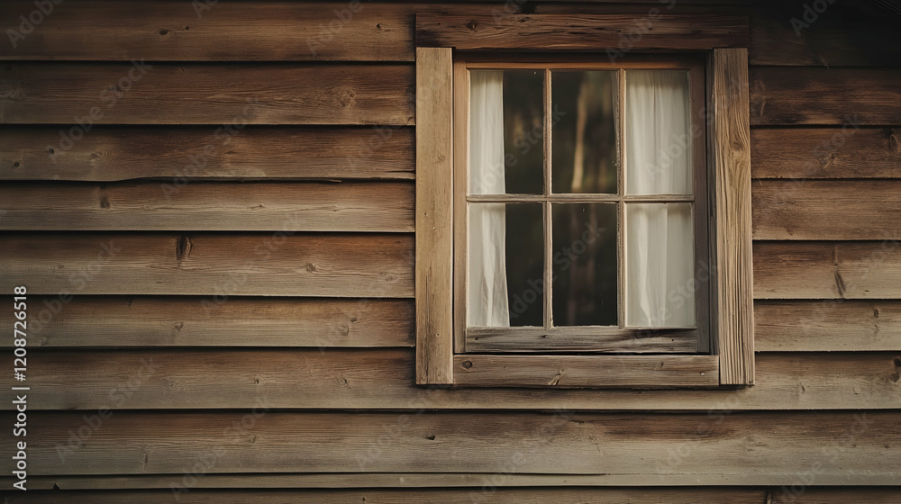 Rustic wooden cabin wall with small window, trees reflected in glass, daytime. Ideal for home decor, rustic design websites Rustic wooden cabin wall with small window, trees reflected in glass, daytime. Ideal for home decor, rustic design websites