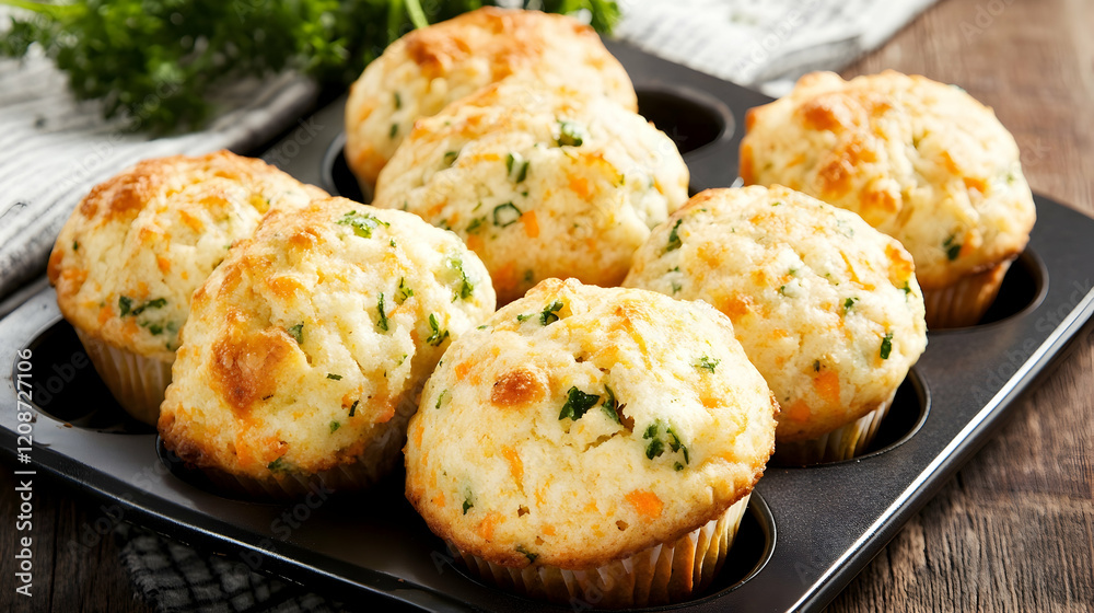 Fototapeta premium Savory Cheese and Herb Muffins, freshly baked on wooden table, ideal for breakfast or brunch recipes