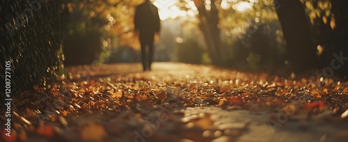 Autumnal path with a person walking away, sunlit leaves in focus. photo