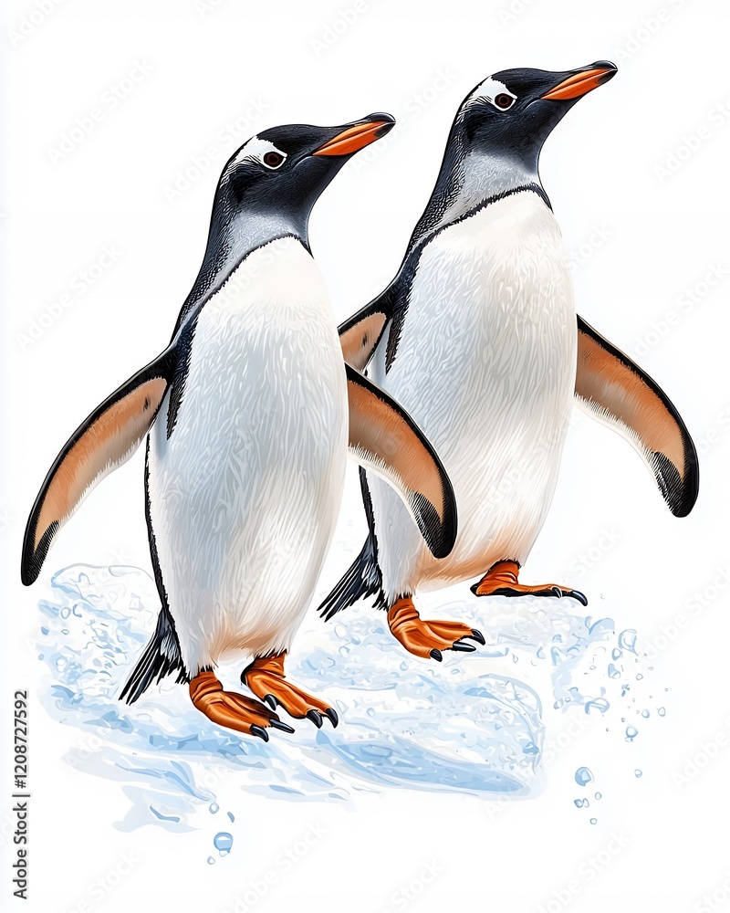 Fototapeta premium Happy Penguins Walking on Ice with Splashes of Water