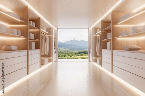 Modern walk-in closet with mountain view, wooden shelves, drawers, and LED lighting. photo