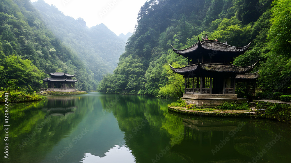 Serene mountain lake with two tranquil pagodas, misty landscape; ideal for travel brochures Serene mountain lake with two tranquil pagodas, misty landscape; ideal for travel brochures