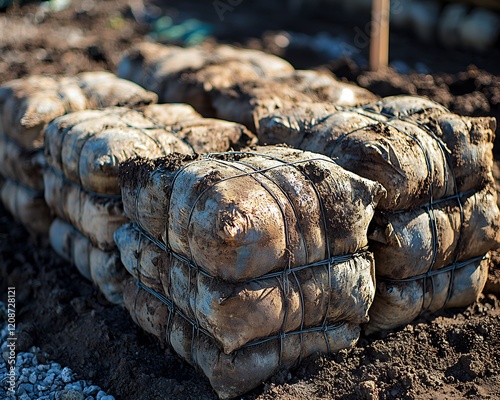 Close up of Superadobe layers showcasing the barbed wire reinforcement and textured earthen bags in construction progress