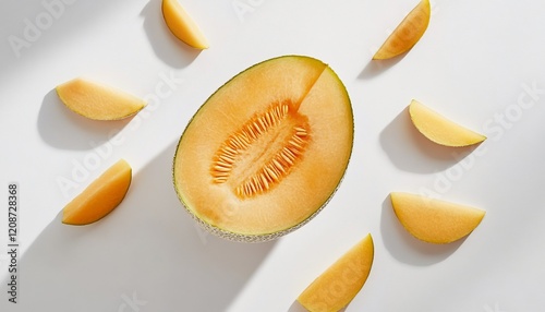 Half cantaloupe with slices on white background.