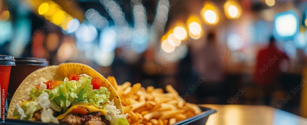 Close-up of a taco with french fries in a restaurant. Close-up of a taco with french fries in a restaurant.