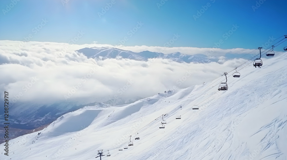 Ski lift ascending snowy mountain, clouds below, sunny day, winter sports tourism Ski lift ascending snowy mountain, clouds below, sunny day, winter sports tourism