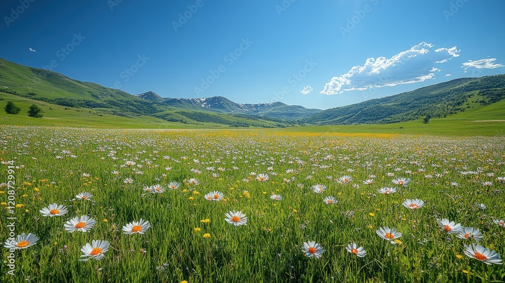 Mountain meadow, abundant daisies, sunny day.