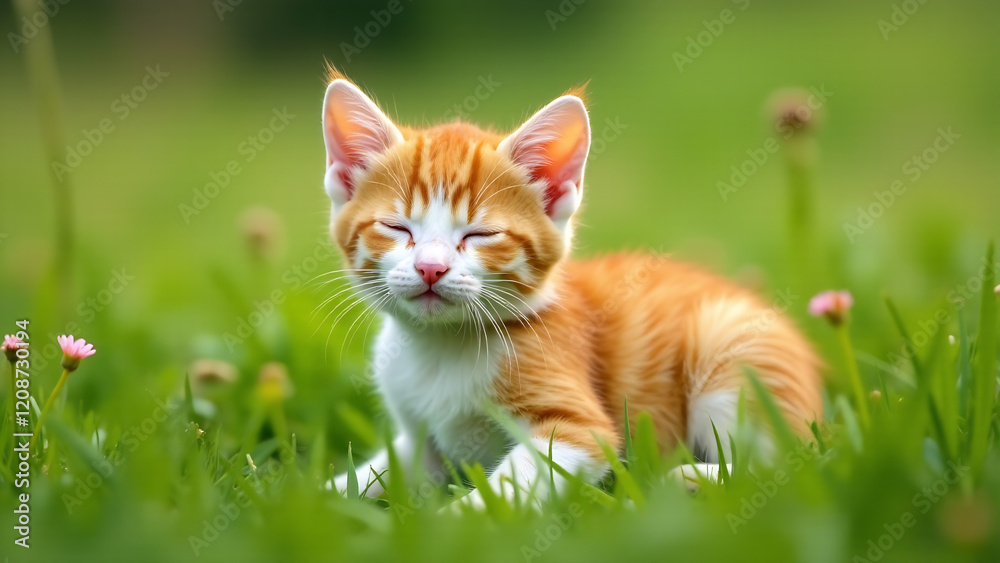 An orange and white kitten is peacefully sleeping curled up in lush green grass, surrounded by small wildflowers. Depth of field, soft lighting, serene mood, vibrant green grass, nature scene, real An orange and white kitten is peacefully sleeping curled up in lush green grass, surrounded by small wildflowers. Depth of field, soft lighting, serene mood, vibrant green grass, nature scene, real