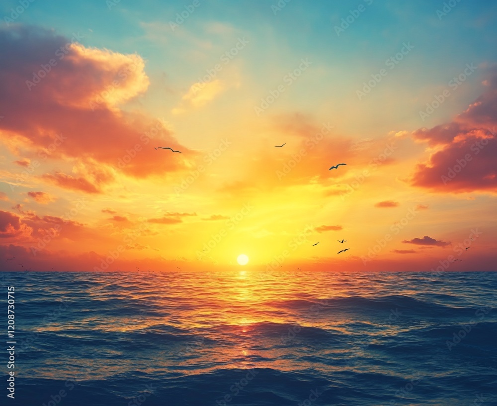 Fototapeta premium Vibrant sunset over calm ocean with flying birds.